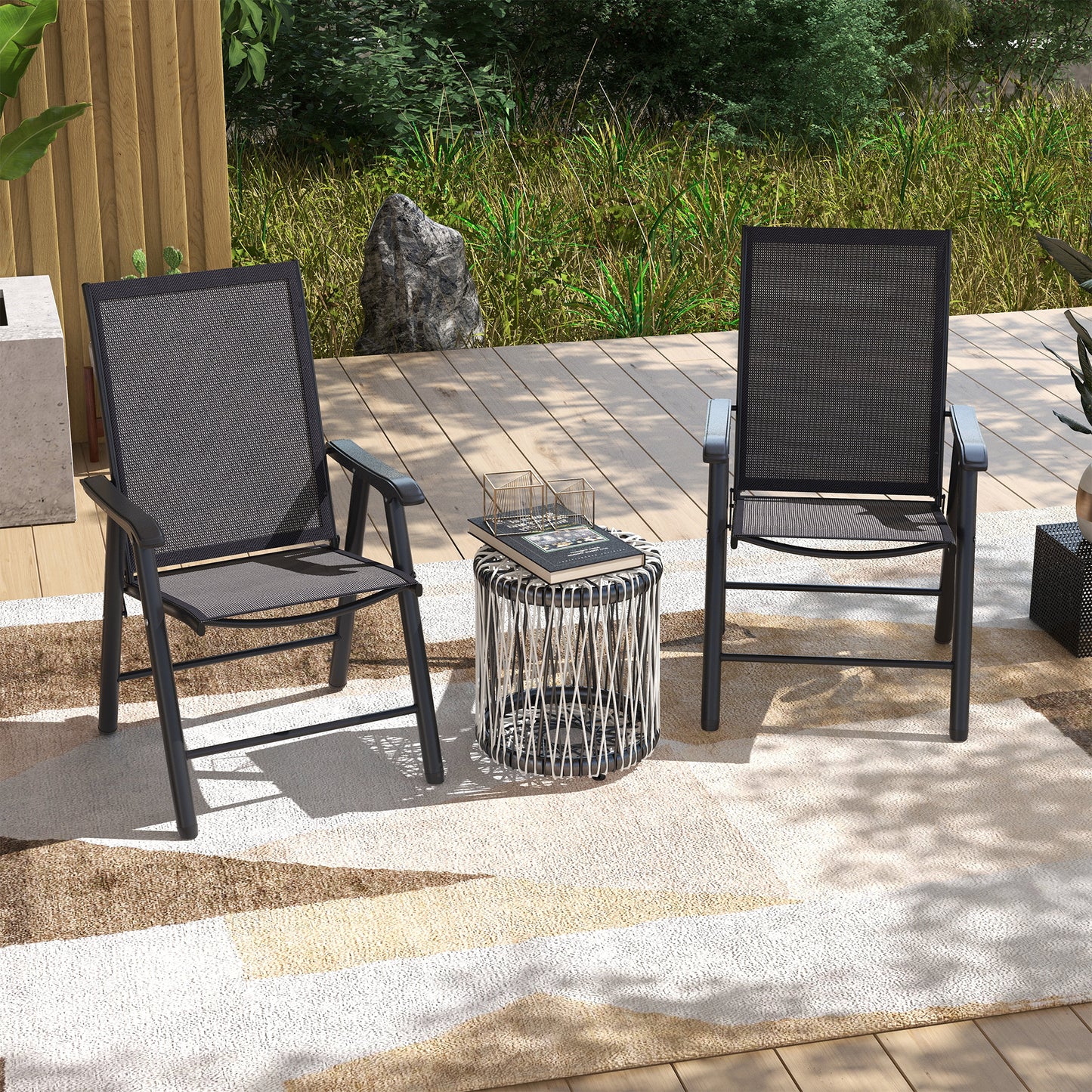 2-Piece Folding Chair Set for Relaxing on Patio Balcony Garden, Comfortable Outdoor Furniture with Armrests, Dark Grey