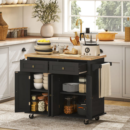 Rolling Kitchen Island with Wood Top and Spice Rack - Black