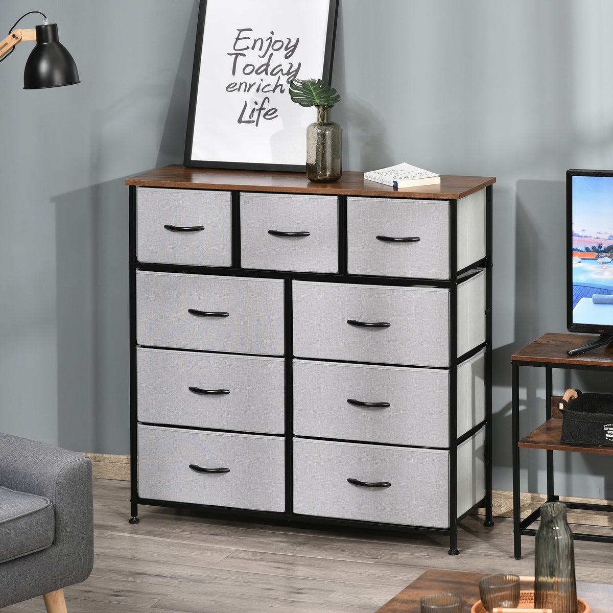 Dresser for Bedroom with 9 Drawers, 4-Tier Fabric Chest of Drawers, Tall Dresser Storage Tower with Steel Frame and Wooden Top for Closets, Nursery Room, Grey