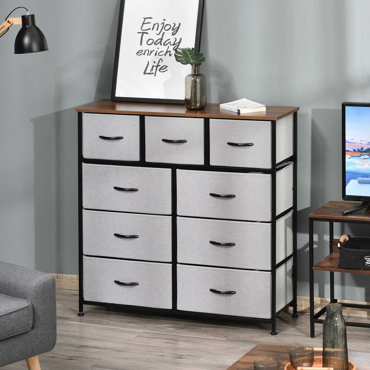 Dresser for Bedroom with 9 Drawers, 4-Tier Fabric Chest of Drawers, Tall Dresser Storage Tower with Steel Frame and Wooden Top for Closets, Nursery Room, Grey