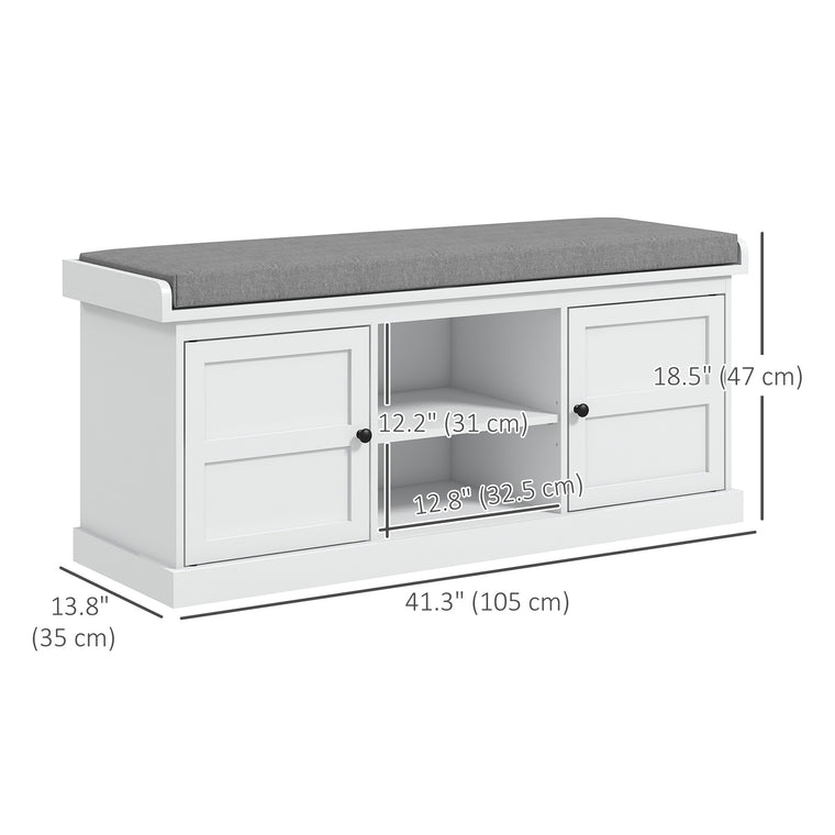 Shoe Storage Bench with Cushioned Seat & 2 Cabinets - White