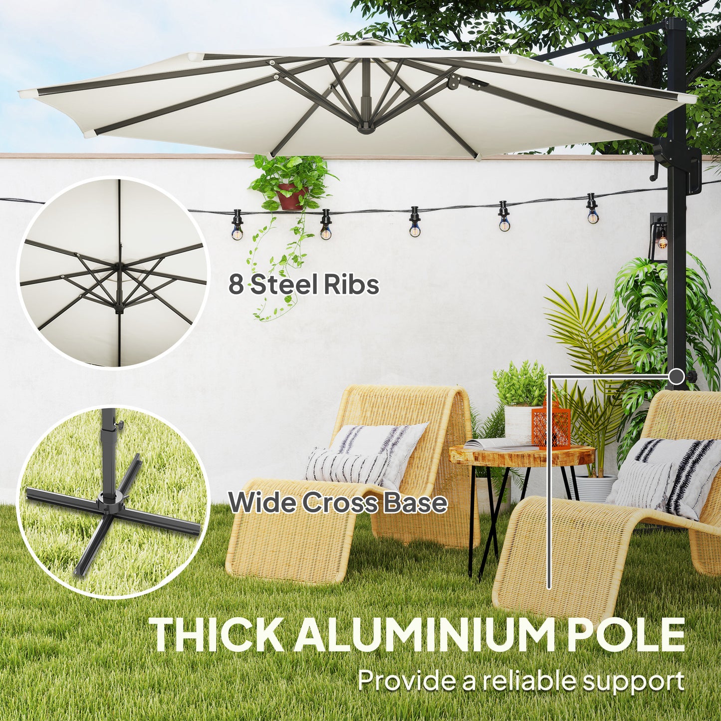 10' Offset Patio Umbrella Cantilever Umbrella with Aluminium Pole 360° Rotation and Tilt Adjustment, White