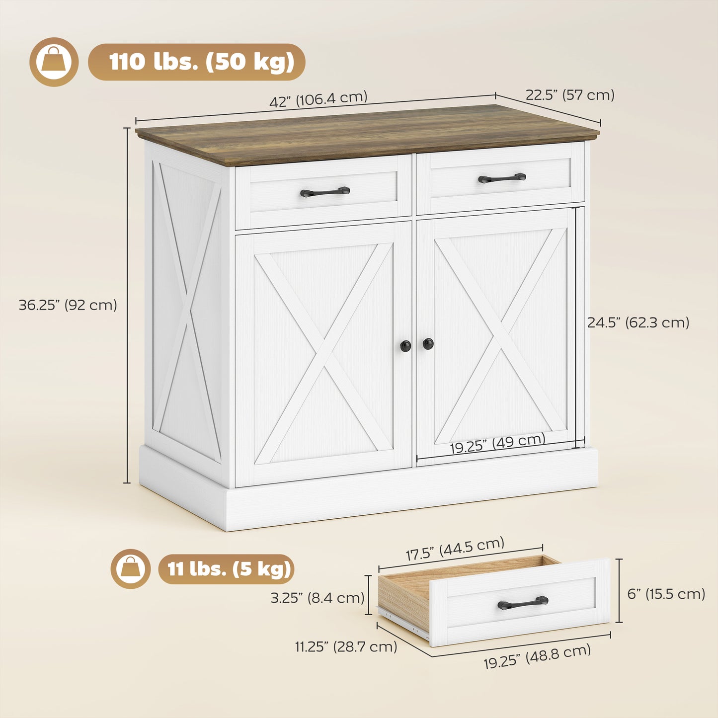 Kitchen Island with Sitting Space, Sideboard Cabinet with 2 Drawers and 2 Adjustable Shelves for Dining Room, White