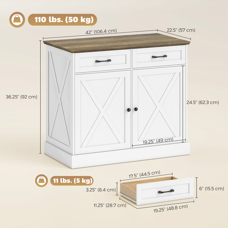 Kitchen Island Sideboard with 2 Drawers - White