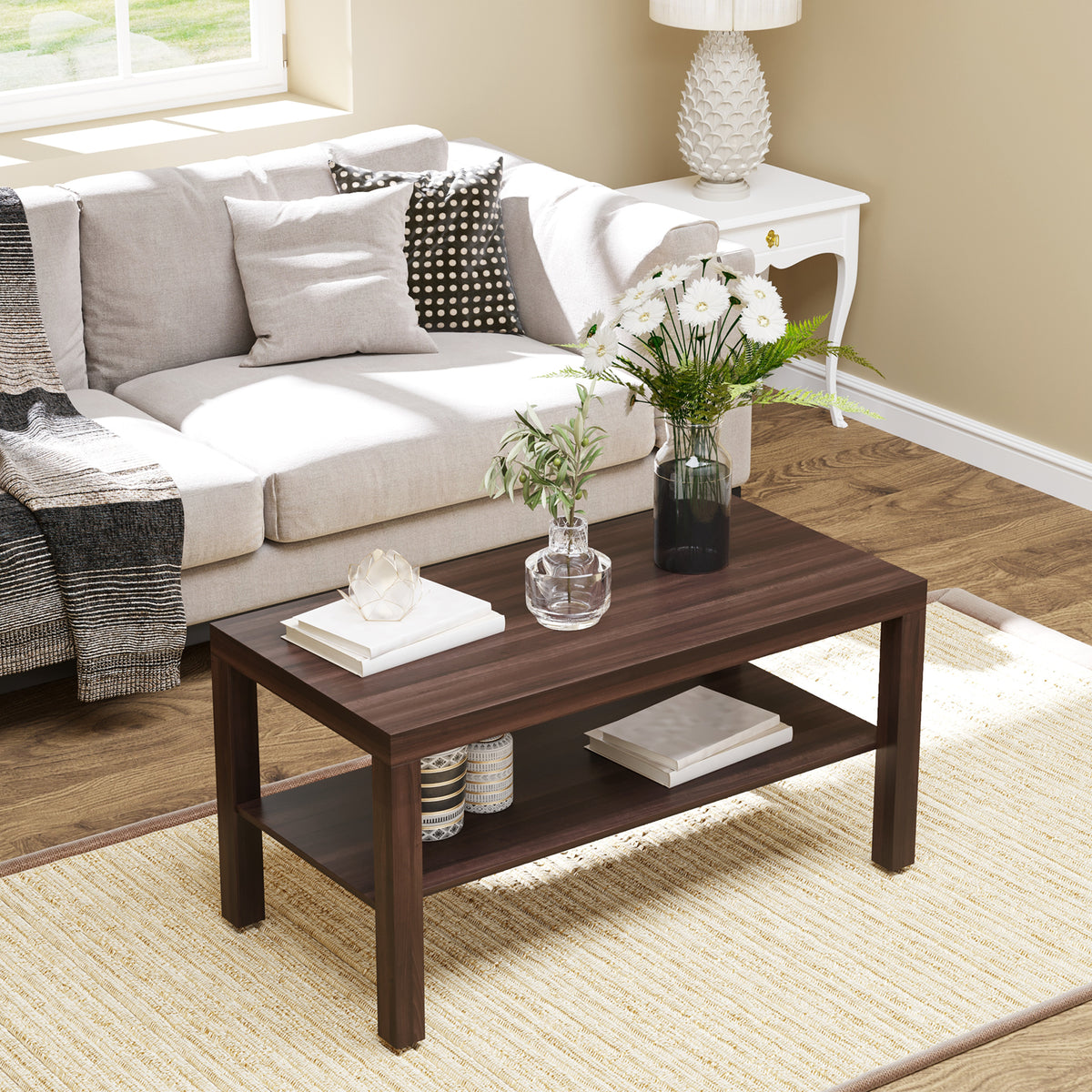 2 Tier Coffee Table with Storage Shelf, Rectangular Center Table for Living Room, Home Office Furniture Walnut