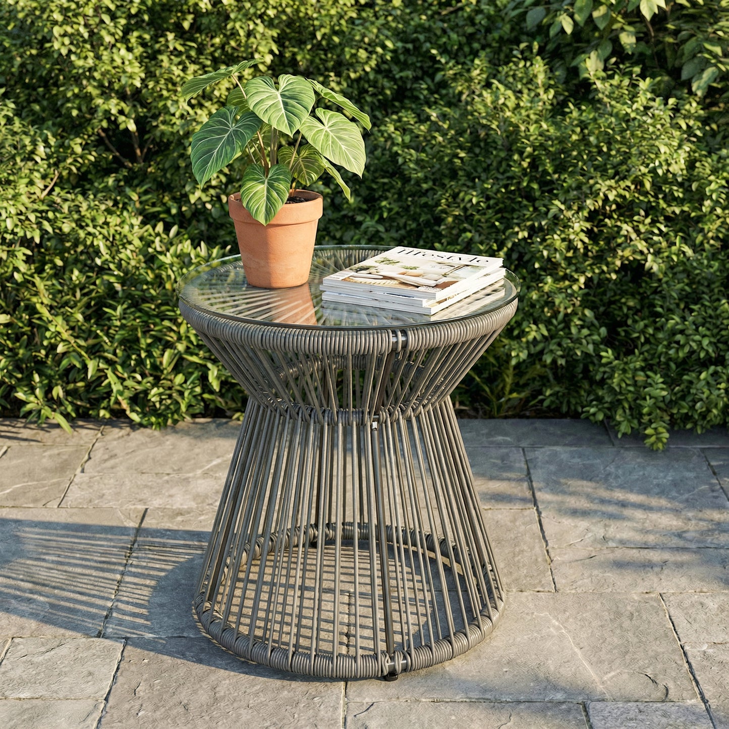 Round End Table, Rattan Side Table, Hollow Drum Design Coffee Table w/ Glass Top for Patio, Garden, Balcony, Dark Grey