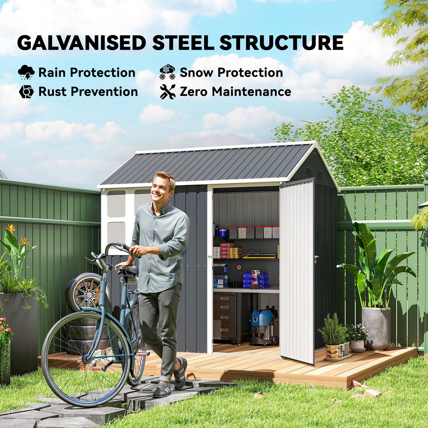 Metal Garden Storage Shed, Outdoor Tool Storage House with Lockable Door, Vents, Sloped Roof, Light Grey