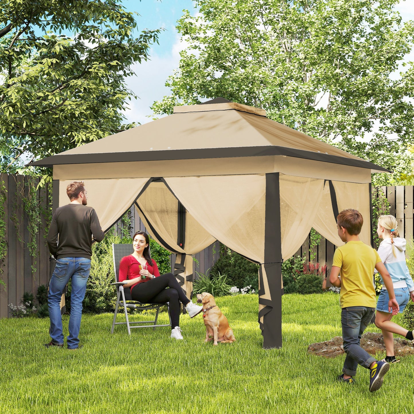 11' x 11' Pop Up Gazebo, Double Roof Foldable Height Adjustable Canopy Tent with Mesh Sidewalls, Carrying Bag, Beige
