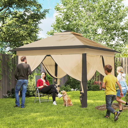 11' x 11' Beige Pop-Up Gazebo with Double Roof & Mesh Sidewalls