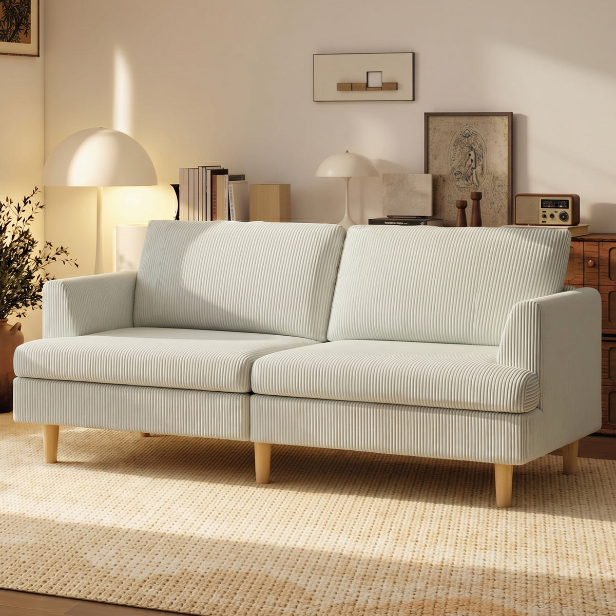 3 Seater Sofa, 74" Modern Corduroy Upholstered Couch with Thick Spring Cushions, Solid Wood Legs, Armrests, Beige
