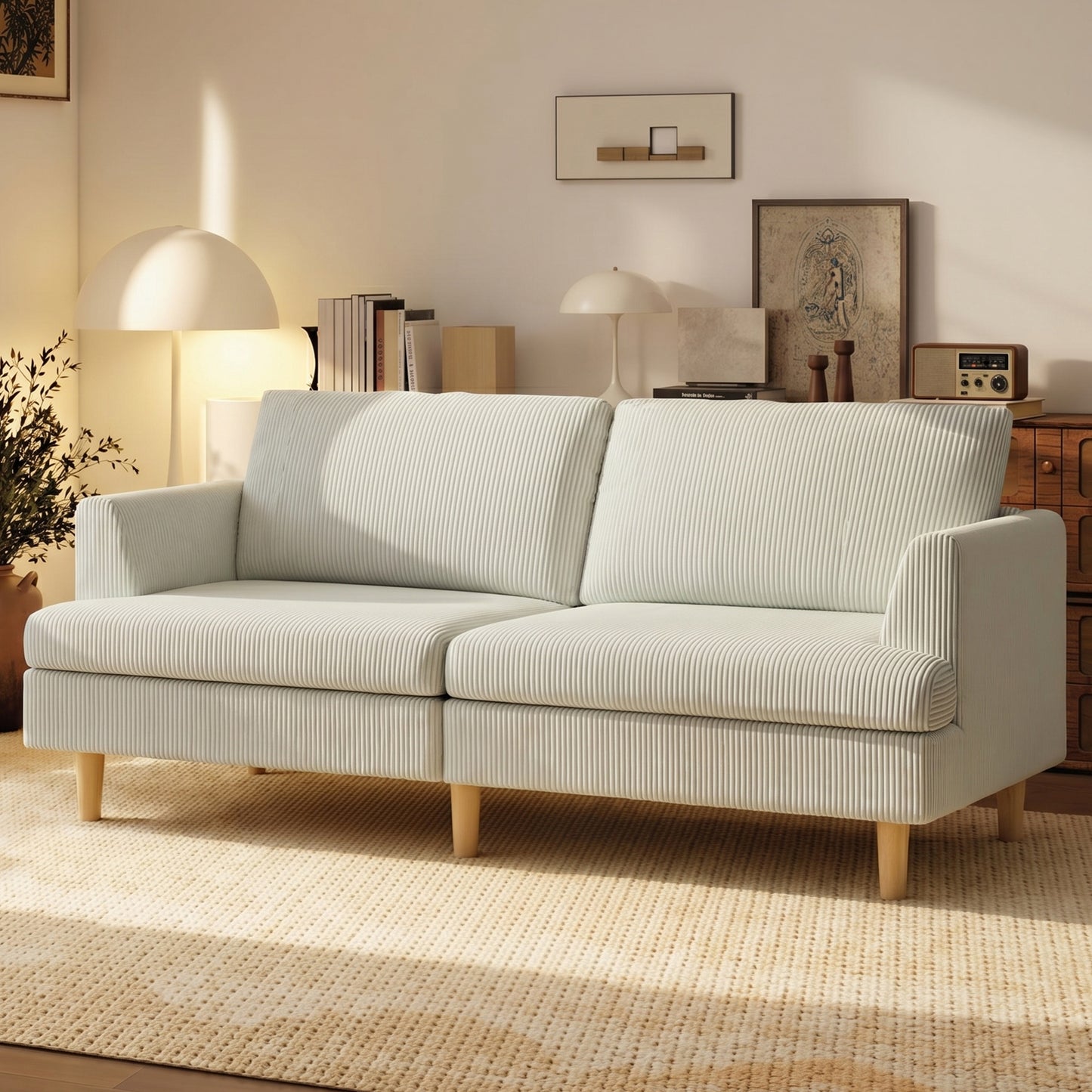 3 Seater Sofa, 74" Modern Corduroy Upholstered Couch with Thick Spring Cushions, Solid Wood Legs, Armrests, Beige