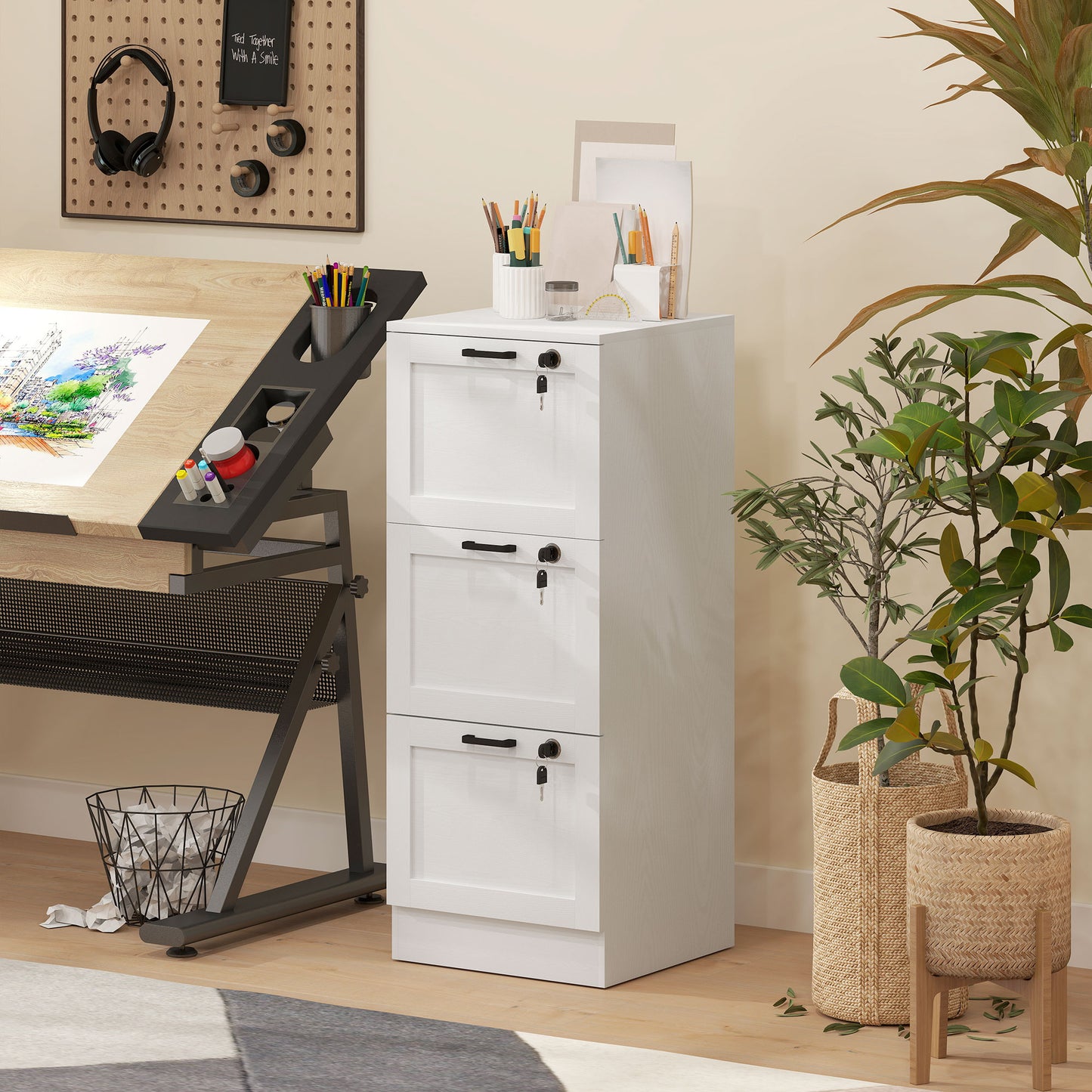 Vertical Filing Cabinet with 3 Drawers, Lock, File Cabinet for Home Office, A4 and Letter Size Files, White