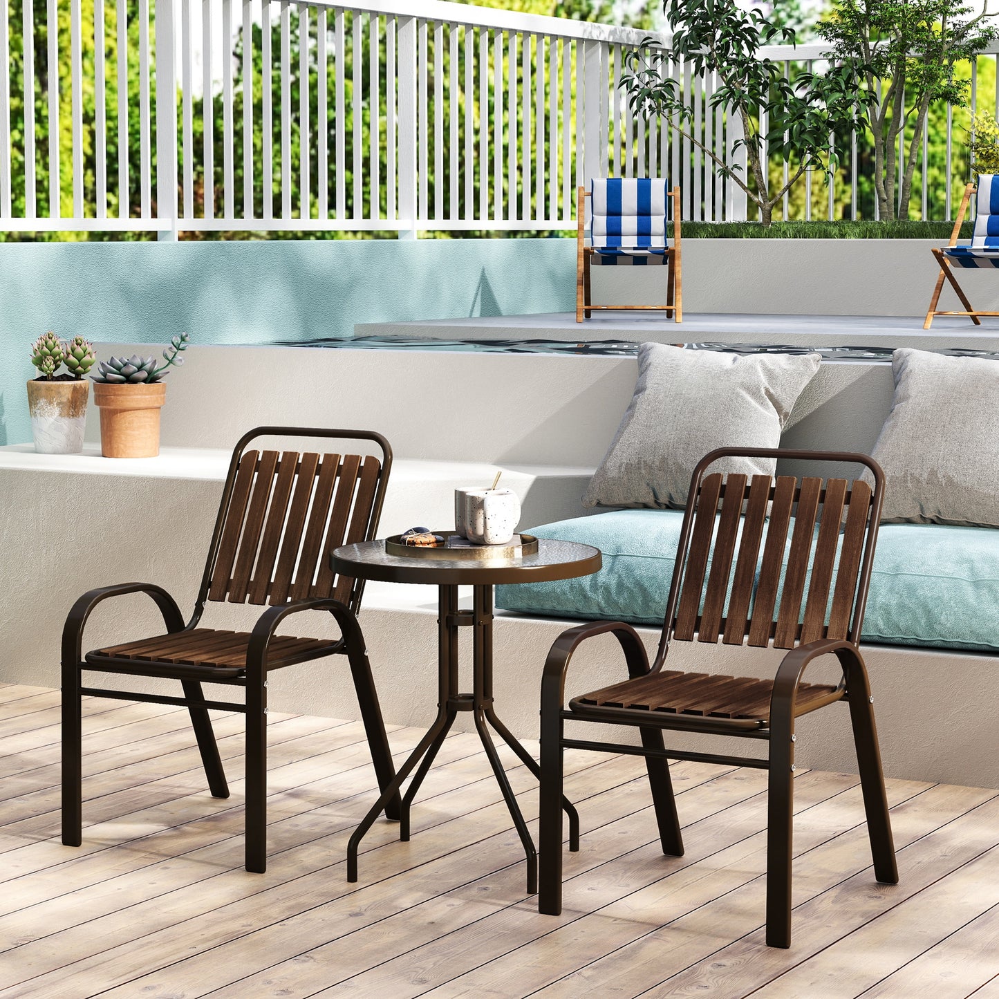 3 Pieces Patio Bistro Set, 2 Stackable Chairs with Tempered Glass Table, for Outdoor, Garden Backyard Porch, Dark Brown