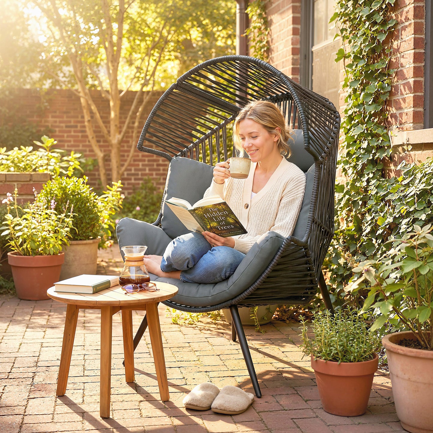 Wicker Egg Chair, Indoor Outdoor Rattan Lounge Chair with Thick Cushion and Headrest, Steel Frame, Adjustable Pads, Grey