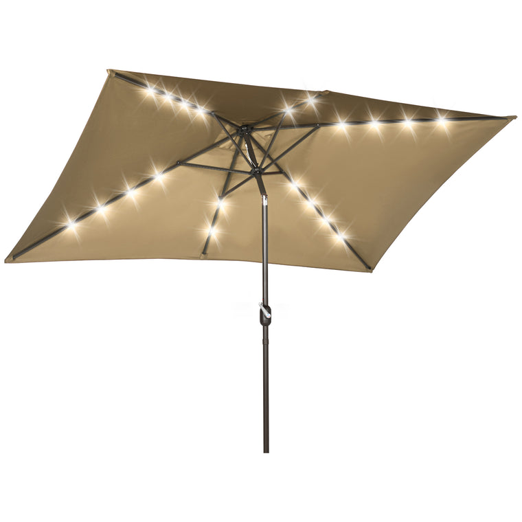 6.5x10ft Light Coffee Aluminum Market Parasol with Solar LEDs