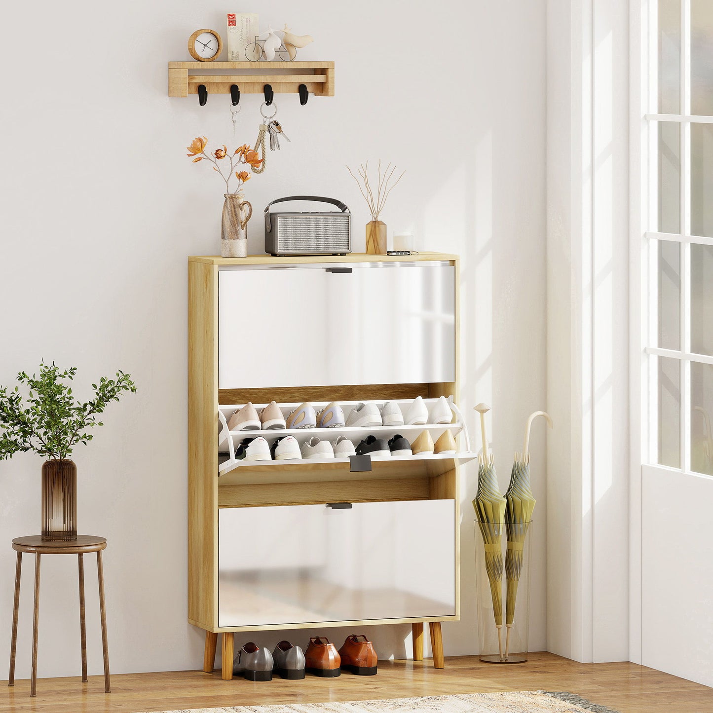 Narrow Shoe Cabinet, High Gloss Shoe Storage Cabinet with 3 Flip Drawers and Adjustable Shelves, Holds 24 Pairs, White