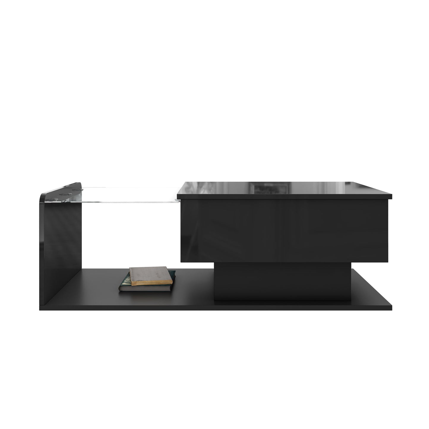 High-Gloss Coffee Table with Tempered Glass Top and LED Light Strip, Adjustable Height, Easy to Install, 39.5" L x 19.5" W x 13" H, Black