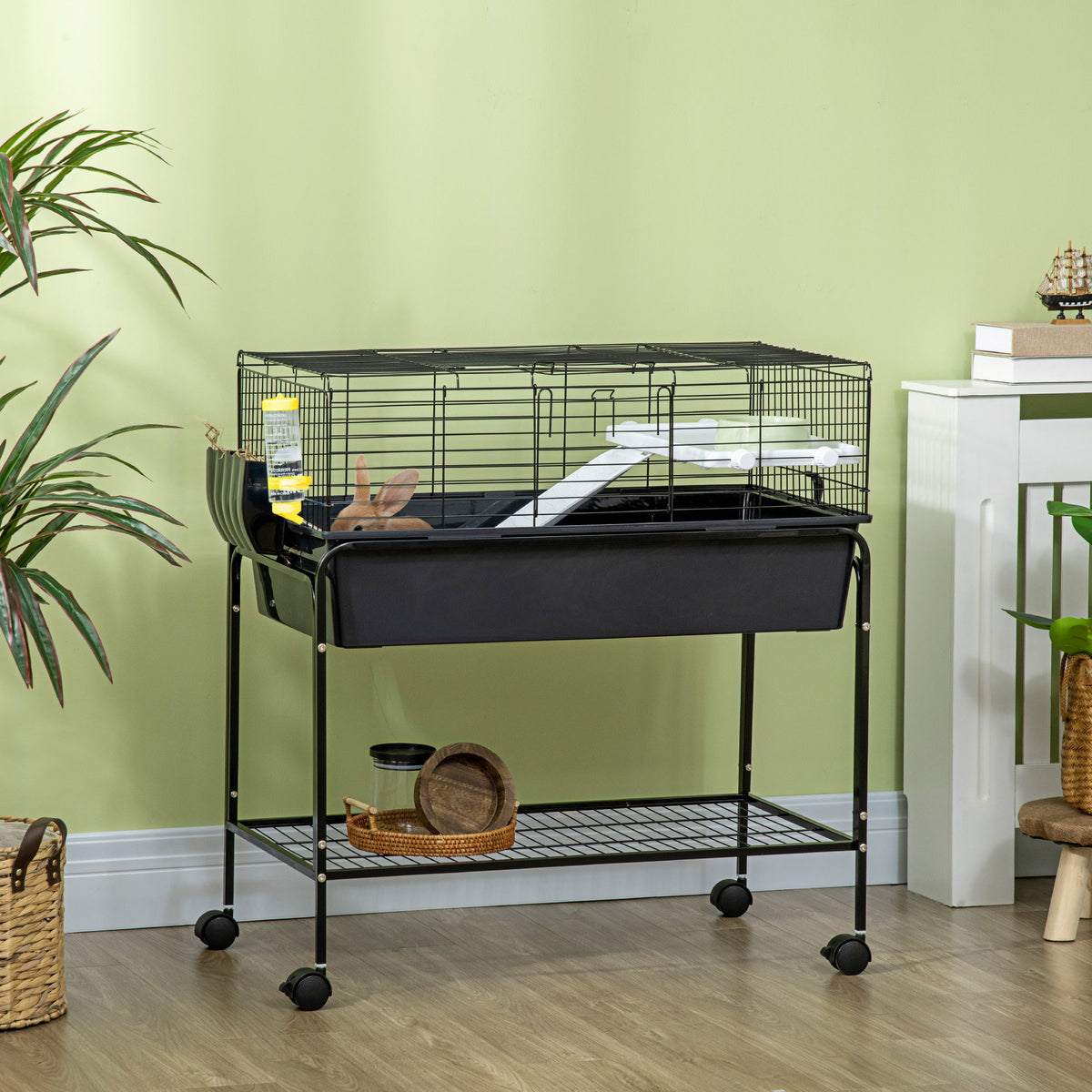 35" Small Animal Cage Rolling Guinea Pig Cage with Detachable Stand, Water Dispenser, Food Dish, Ramp, Wheels, Dark Grey