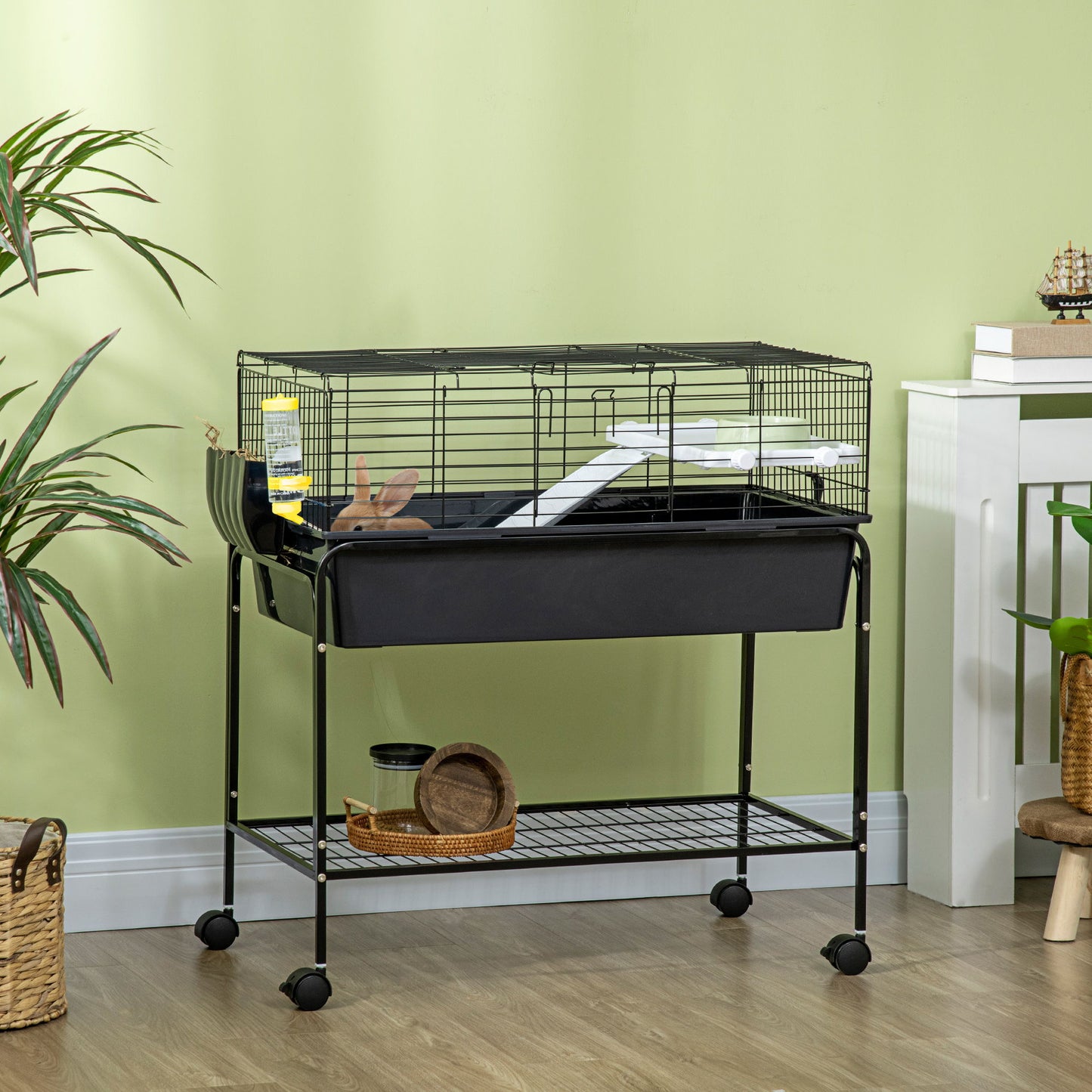 35" Small Animal Cage Rolling Guinea Pig Cage with Detachable Stand, Water Dispenser, Food Dish, Ramp, Wheels, Dark Grey