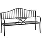 Outdoor Bench with Retractable Middle Table, Metal Frame Patio Loveseat with Slatted Seat and Backrest, Curved Armrests, Black