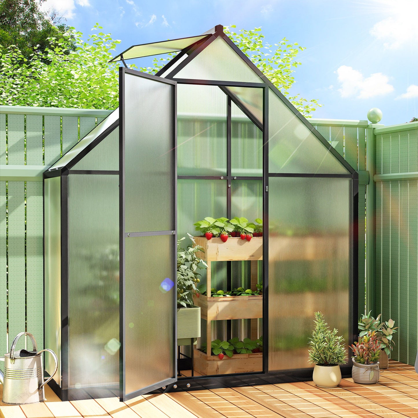 Polycarbonate Greenhouse Walk-in Greenhouse with Swing Door and Adjustable Window, 5.5 x 2ft, Black