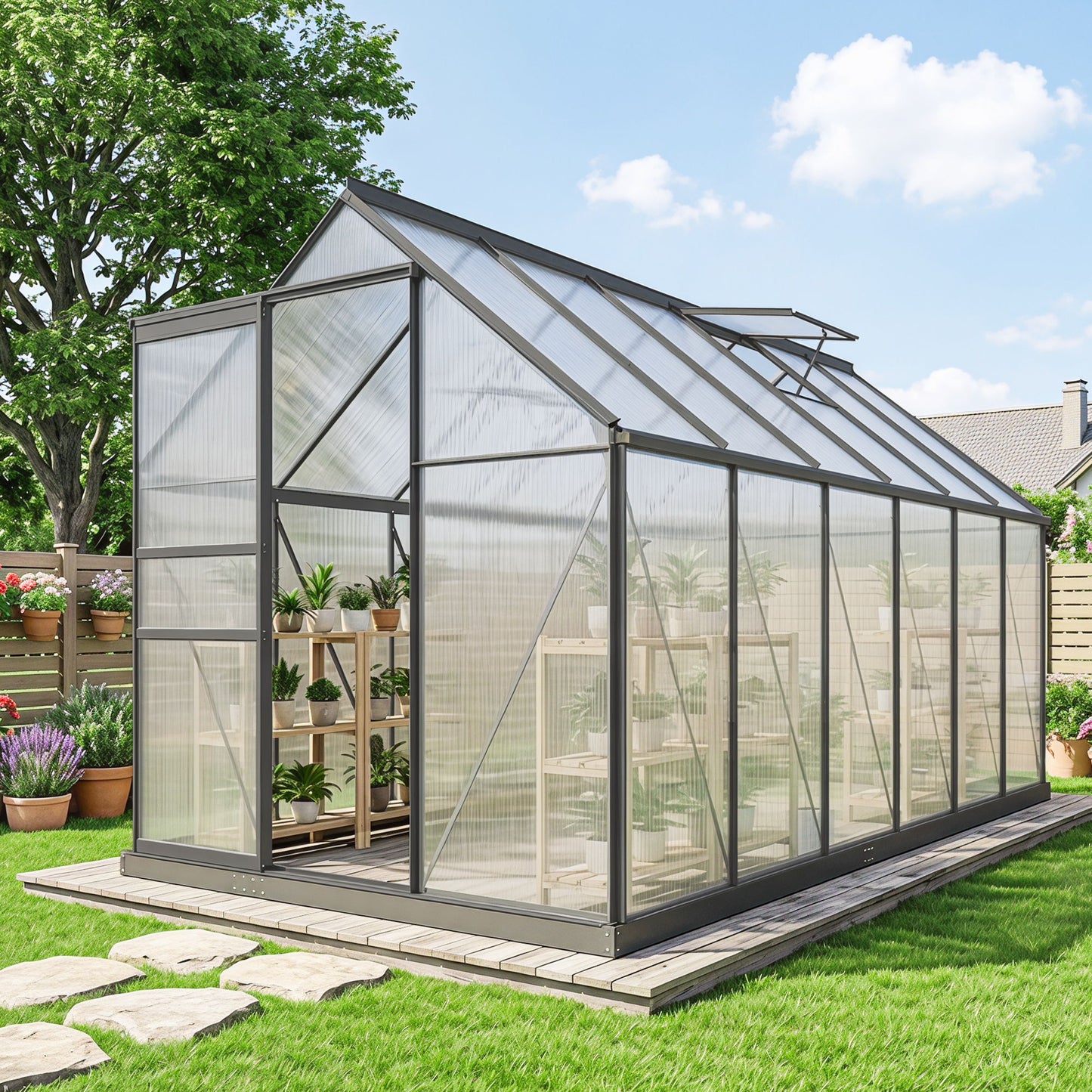 6' x 12' x 6.5' Polycarbonate Greenhouse, Walk-in Green House with Adjustable Roof Vent Galvanized Base Sliding Door Rain Gutter for Outdoor Garden Backyard, Charcoal Grey