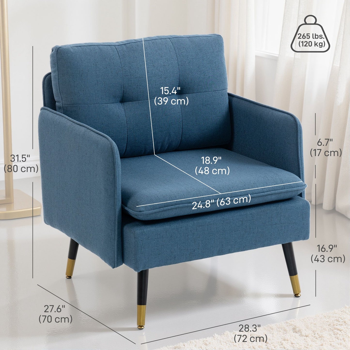 Accent Chairs Set of 2, Upholstered Armchairs with Tufted Back Cushion and Steel Legs for Living Room, Bedroom