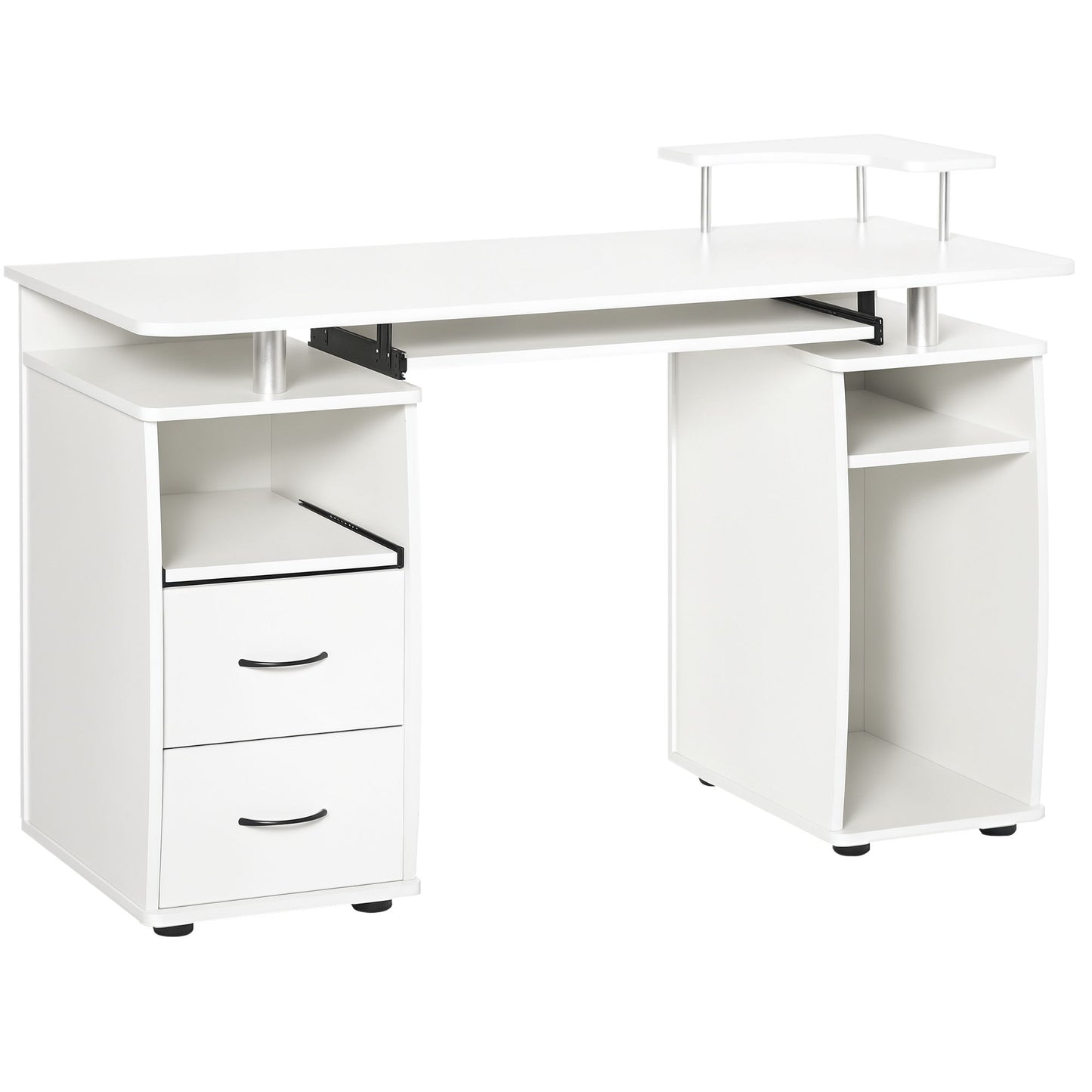 Computer Desk with Keyboard Tray, Home Office Desk with Drawers, CPU Stand, Printer Stand and Open Shelves, Writing Workstation for Study, White
