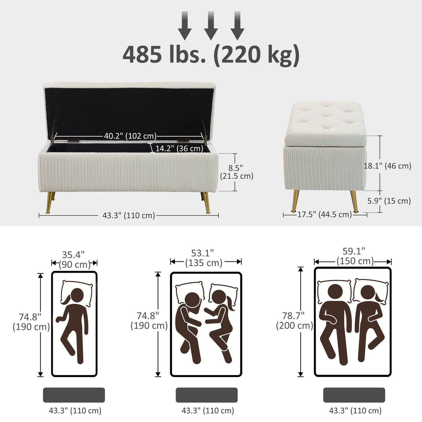 43" Storage Ottoman Bench with Padded Seat - Beige