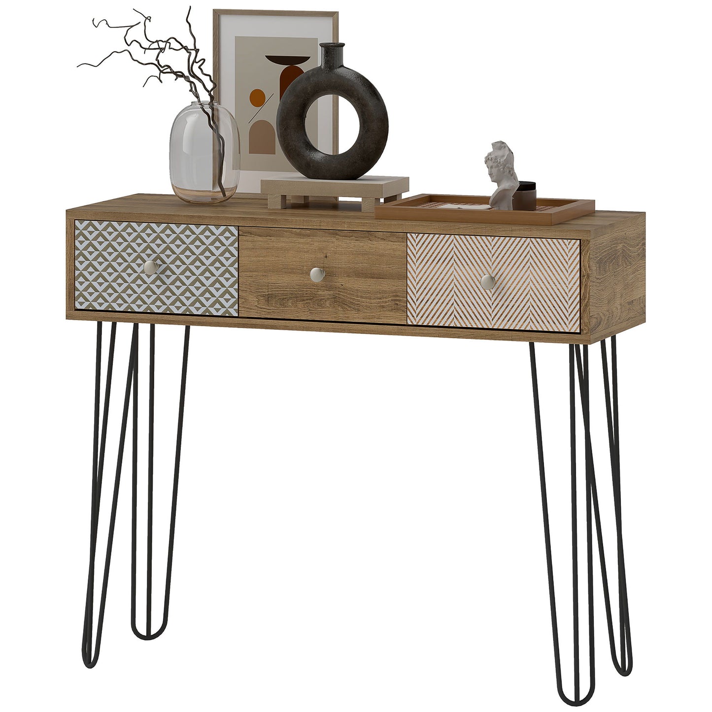 Narrow Console Table with Drawers, 35" Entryway Table with Hairpin Legs for Hallway, Foyer, Living Room, Brown