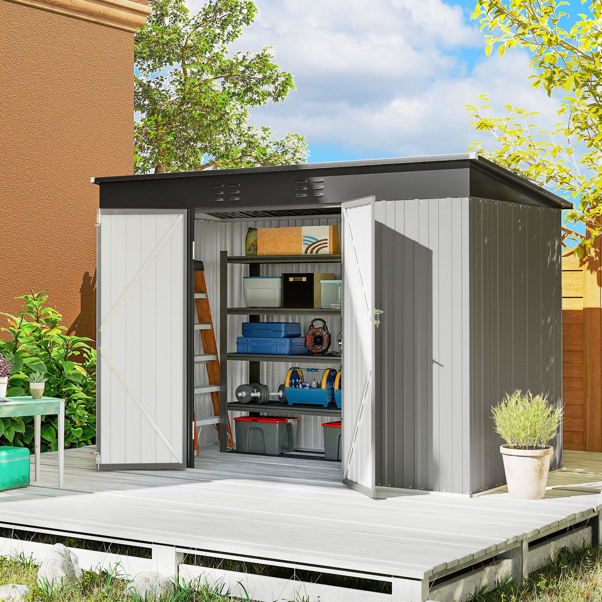 9' x 4' Galvanized Steel Garden Storage Shed with Lockable Doors, Gloves and 2 Air Vents for Backyard, Patio, Lawn