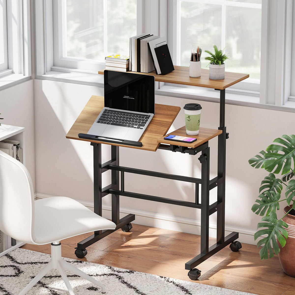 Mobile Stand Up Desk, Height & Angle Adjustable Computer Desk with Wheels for Standing or Sitting, Laptop Desk, Brown