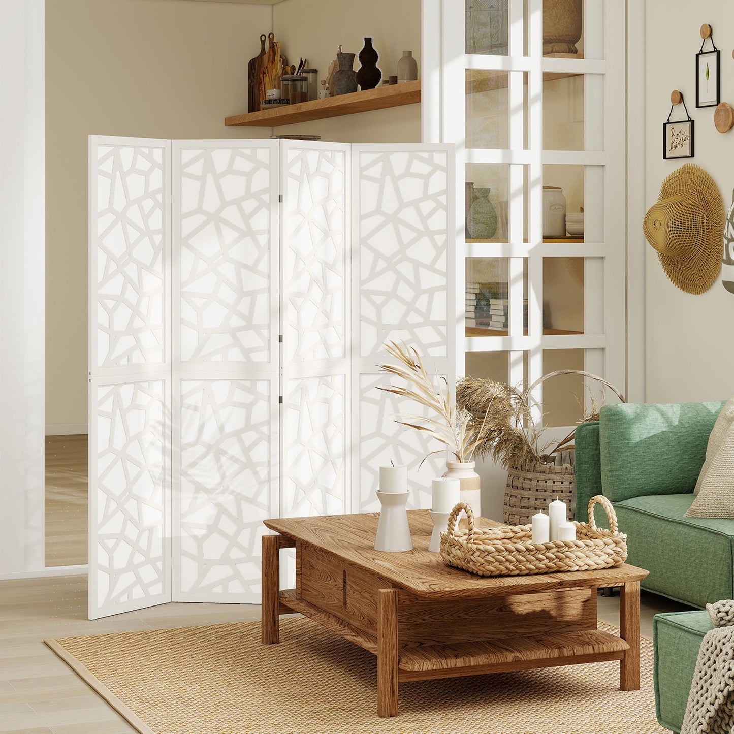 4 Panel Room Divider, 5.6 FT Lightweight Folding Privacy Screen with Geometric Pattern for Living Room, Bedroom, White