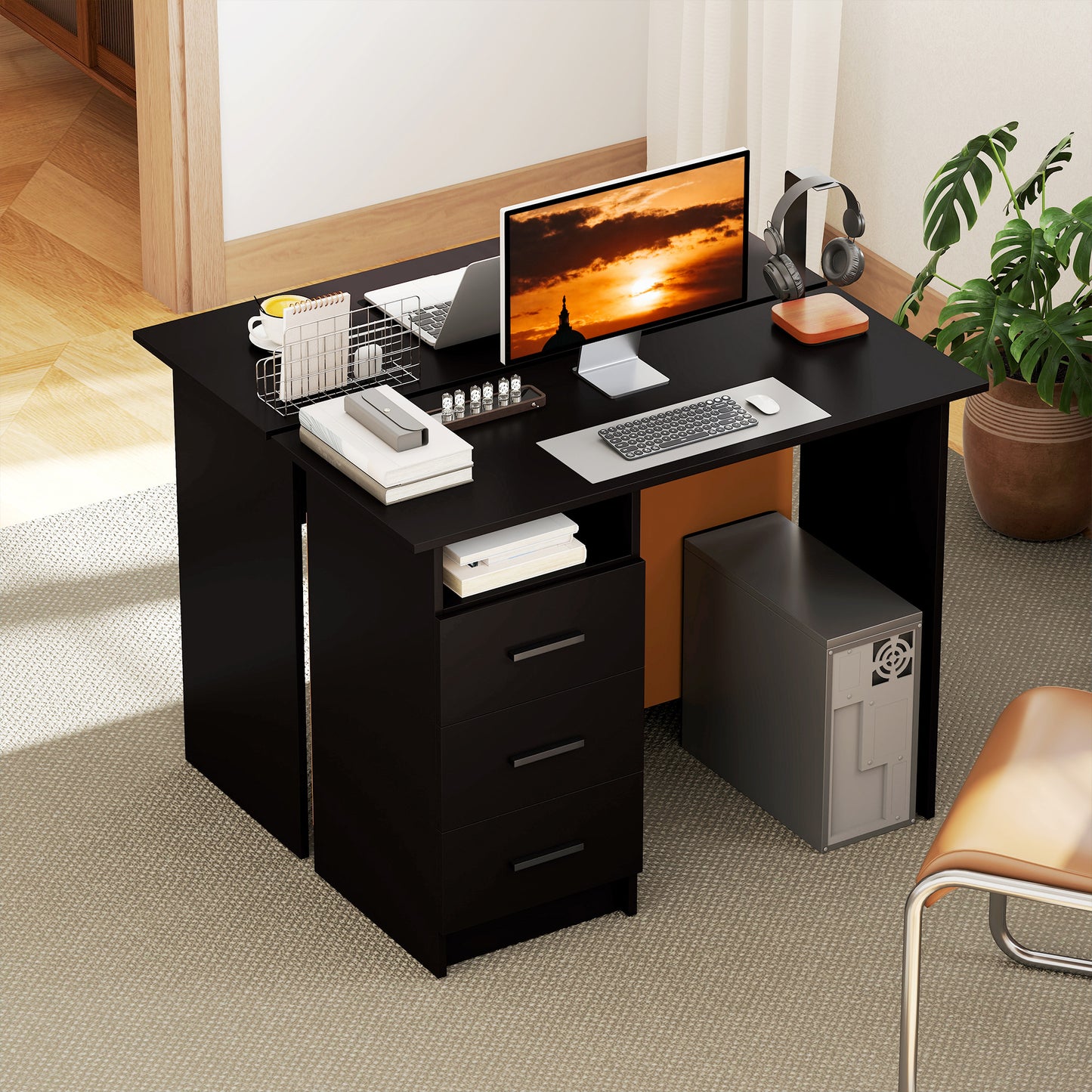 Computer Desk with Storage, 39" Home Office Desk with 3 Drawers and Open Shelf, Writing Table for Bedroom, Black