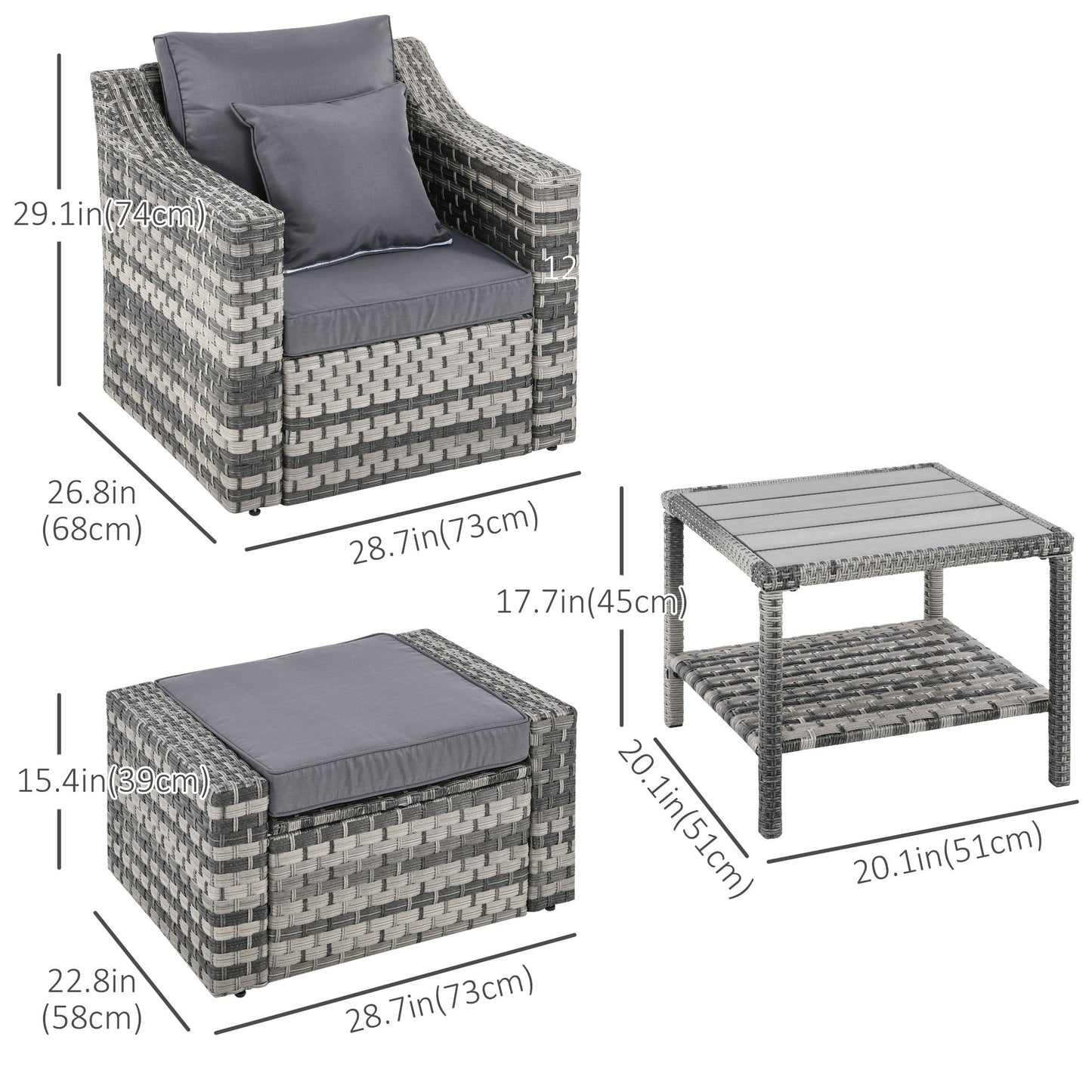 5-Piece Patio Furniture Set Outdoor Rattan Wicker Conversation Set with 2 Cushioned Chairs, 2 Ottomans and Coffee Table, Grey