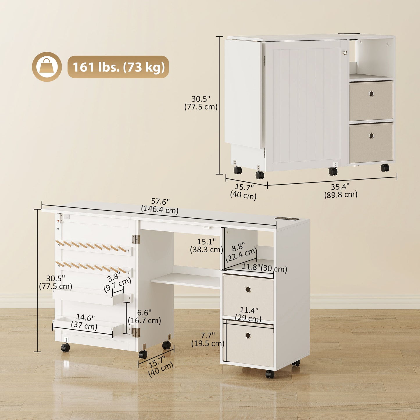 Rolling Sewing Machine Table with Power Outlet, Folding Craft Table with 2 Fabric Drawers, 2 Bins and 18 Pegs, White