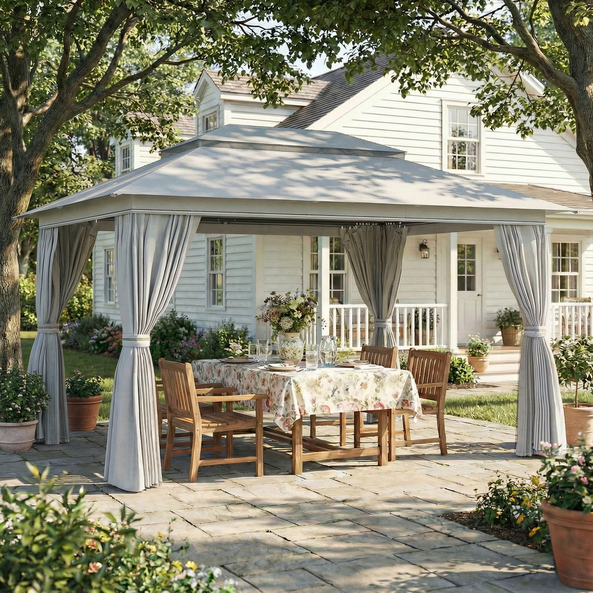 10' x 13' Patio Gazebo, UPF50+ Double Roof Outdoor Gazebo Canopy with Netting and Curtains, Steel Frame, Dark Grey