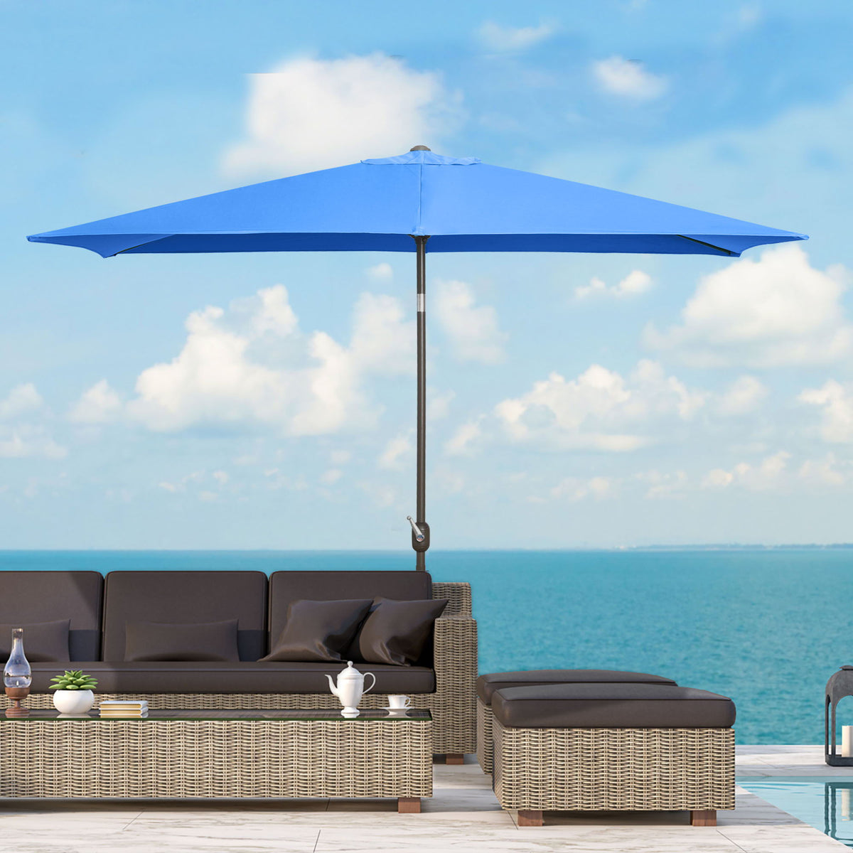 6.5x10ft Patio Umbrella, Rectangle Market Umbrella with Aluminum Frame and Crank Handle, Garden Parasol Outdoor Sunshade Canopy, Blue