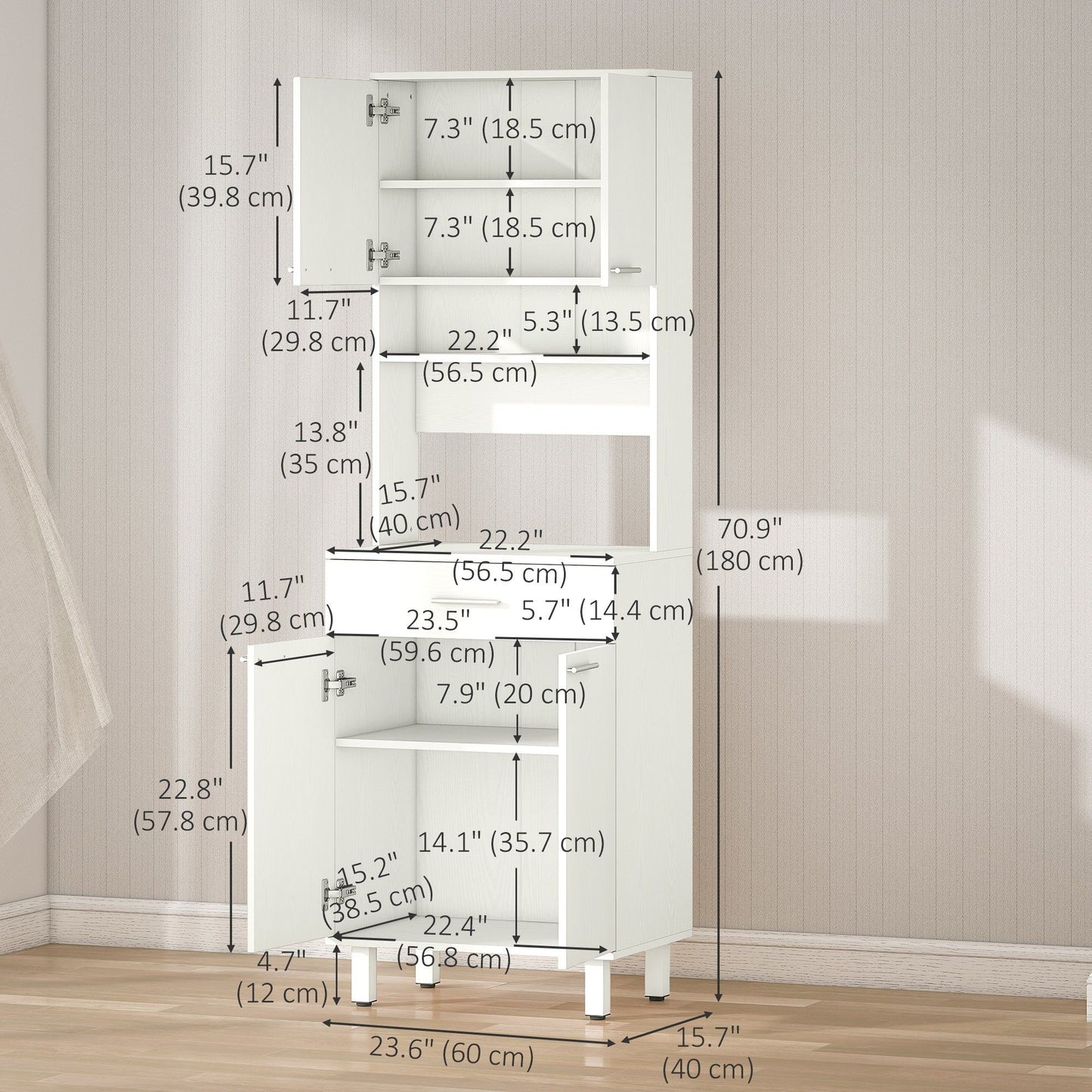 71" Kitchen Pantry with Hutch and Microwave Stand - White