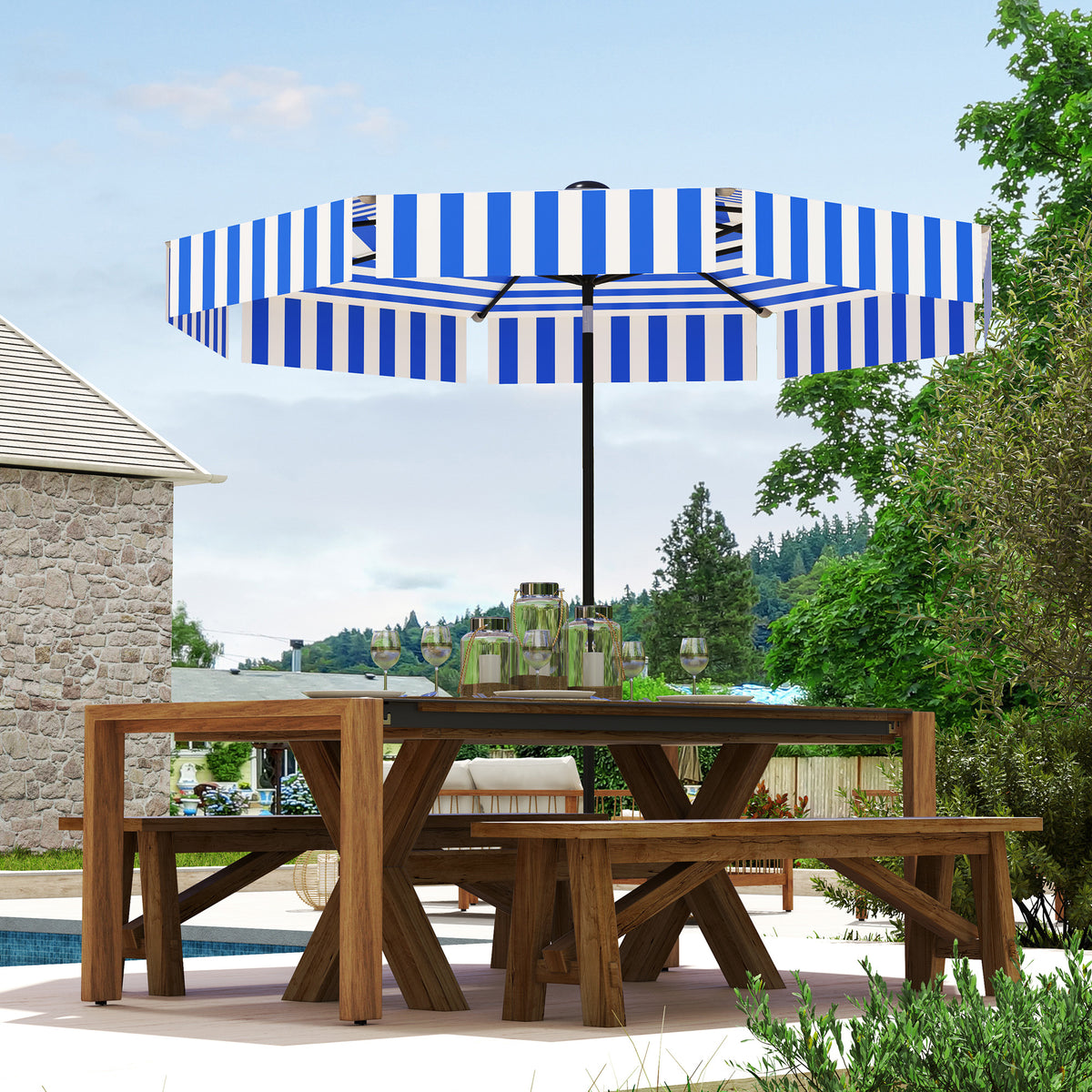 8.7FT Tilting Patio Umbrella with 8 Ribs, Crank Handle, Air Vent for Outdoor, Garden and Pool, Navy Blue