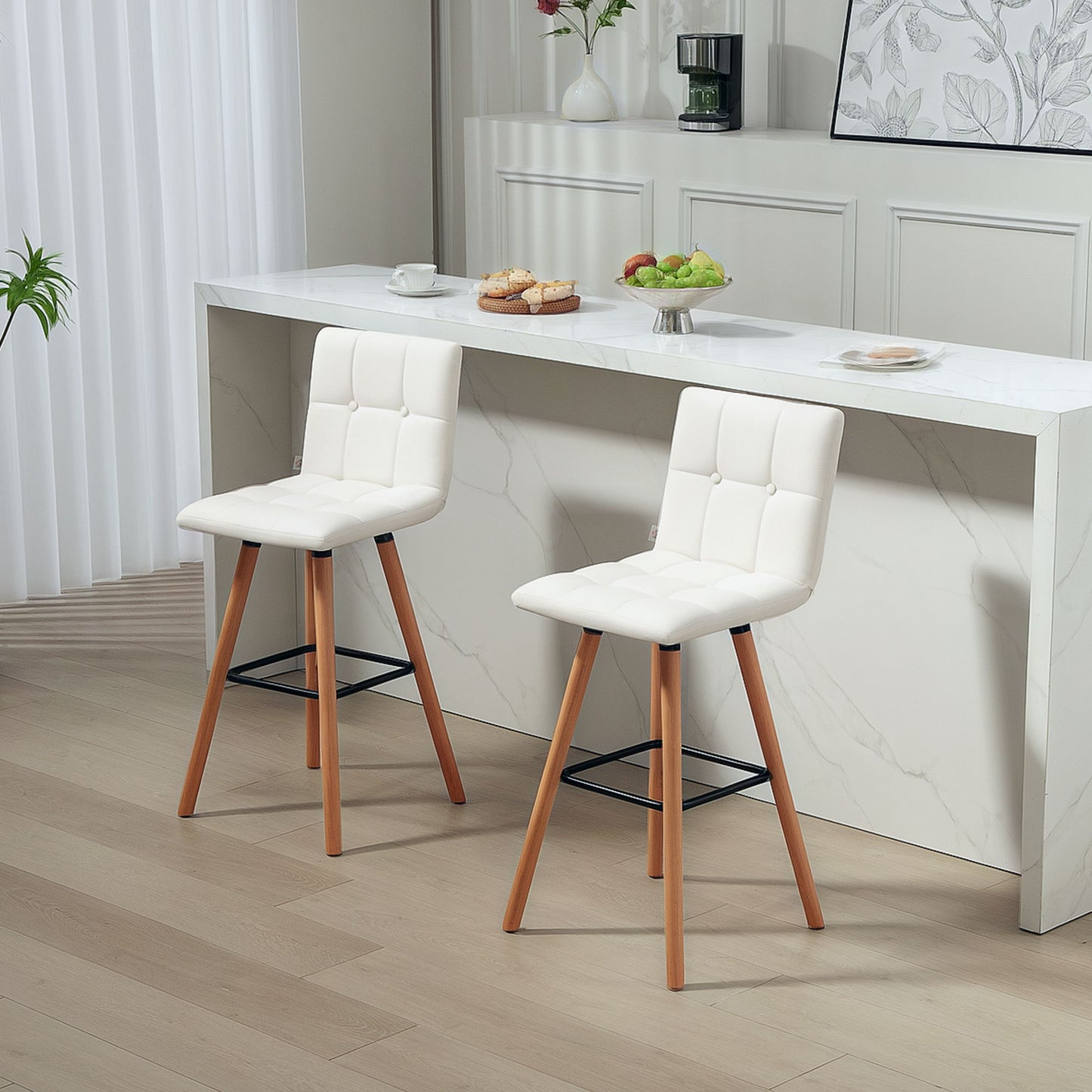 Modern Bar Stools Set of 2, 38" Upholstered Kitchen Island Stool with Solid Wood Legs, White