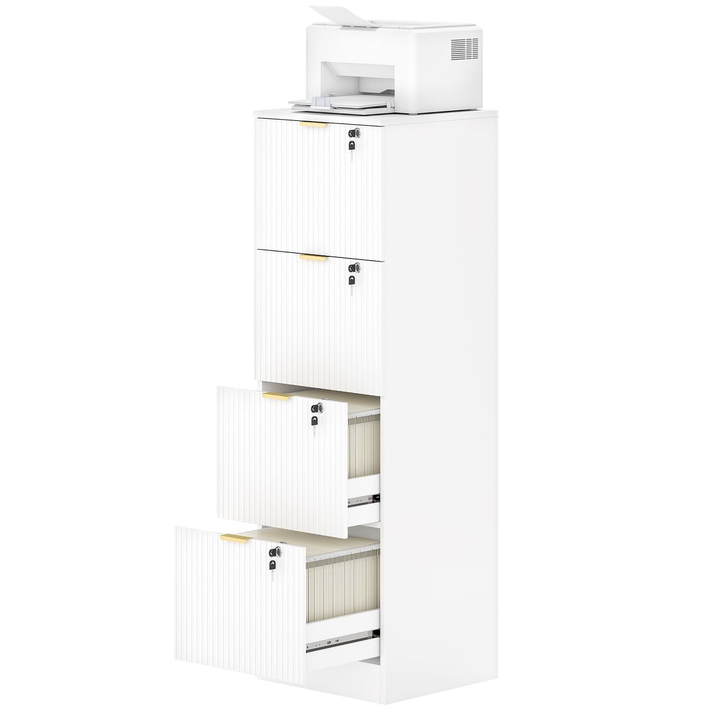 4-Drawer Fluted Filing Cabinet with Lock - White
