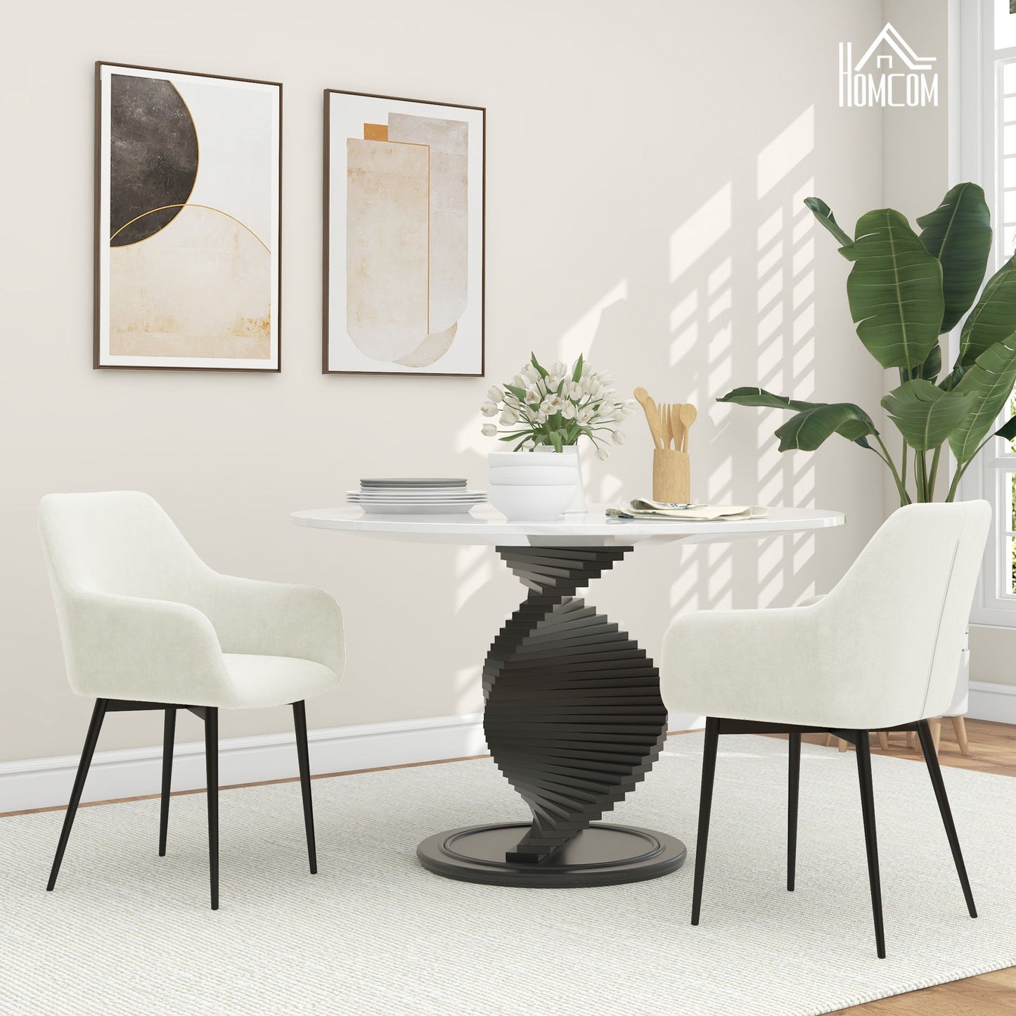Dining Chairs Set of 2, Velvet-look Fabric Upholstered Kitchen Chairs with Backrest, Armrests and Steel Legs, Cream White
