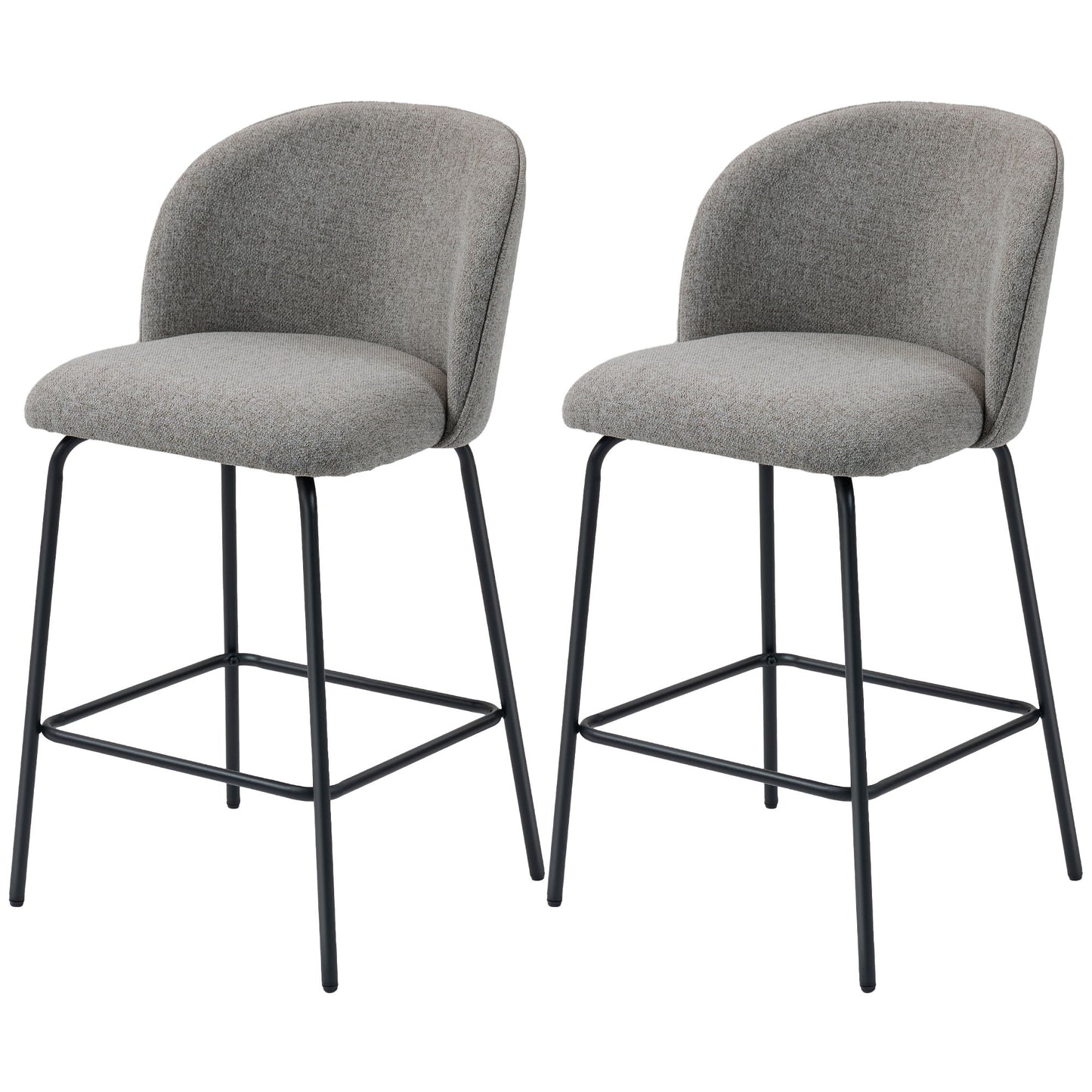 Set of 2 Counter Height Barstools, Upholstered Linen Bar Stools with Backrest, Footrest and Steel Legs, Dark Grey