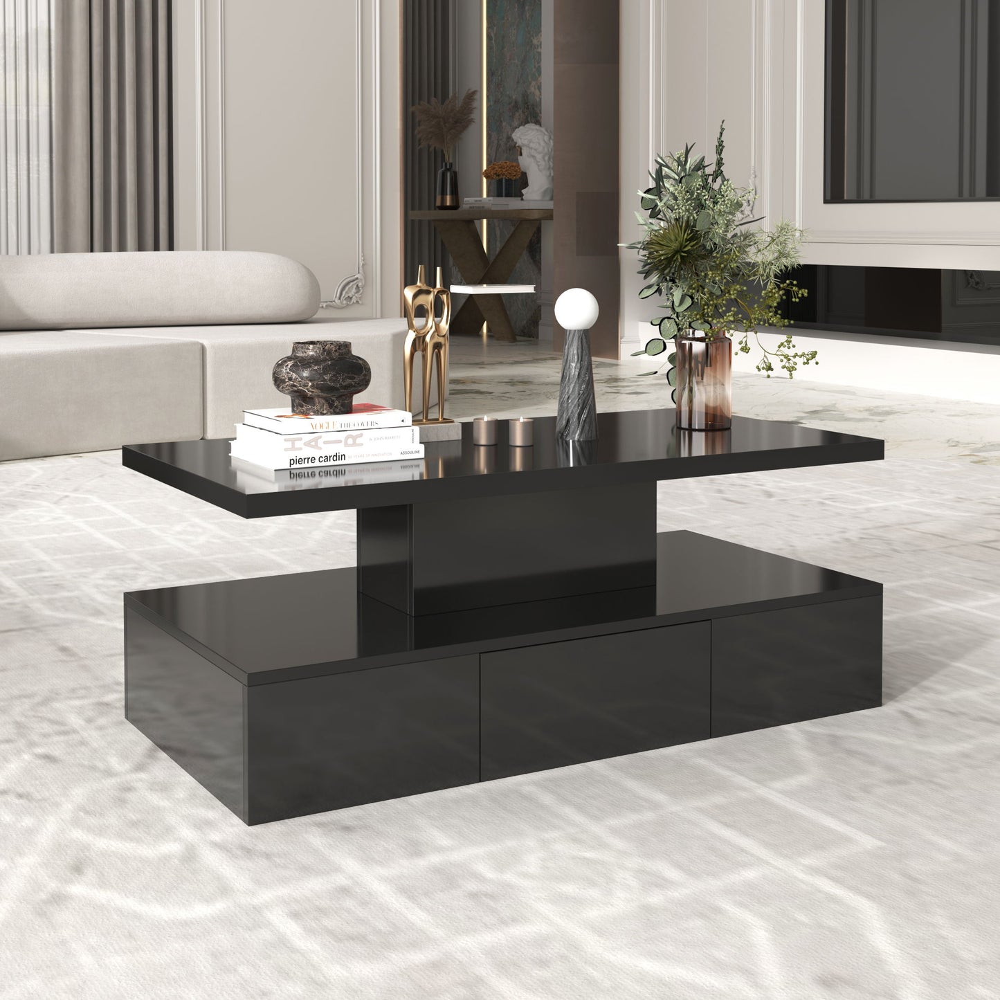 Modern High-Gloss Coffee Table with Hidden Drawer, Durable Particle Board, Modern Design, Easy to Install, 39.5" L x 19.5" W x 15.5" H, Black