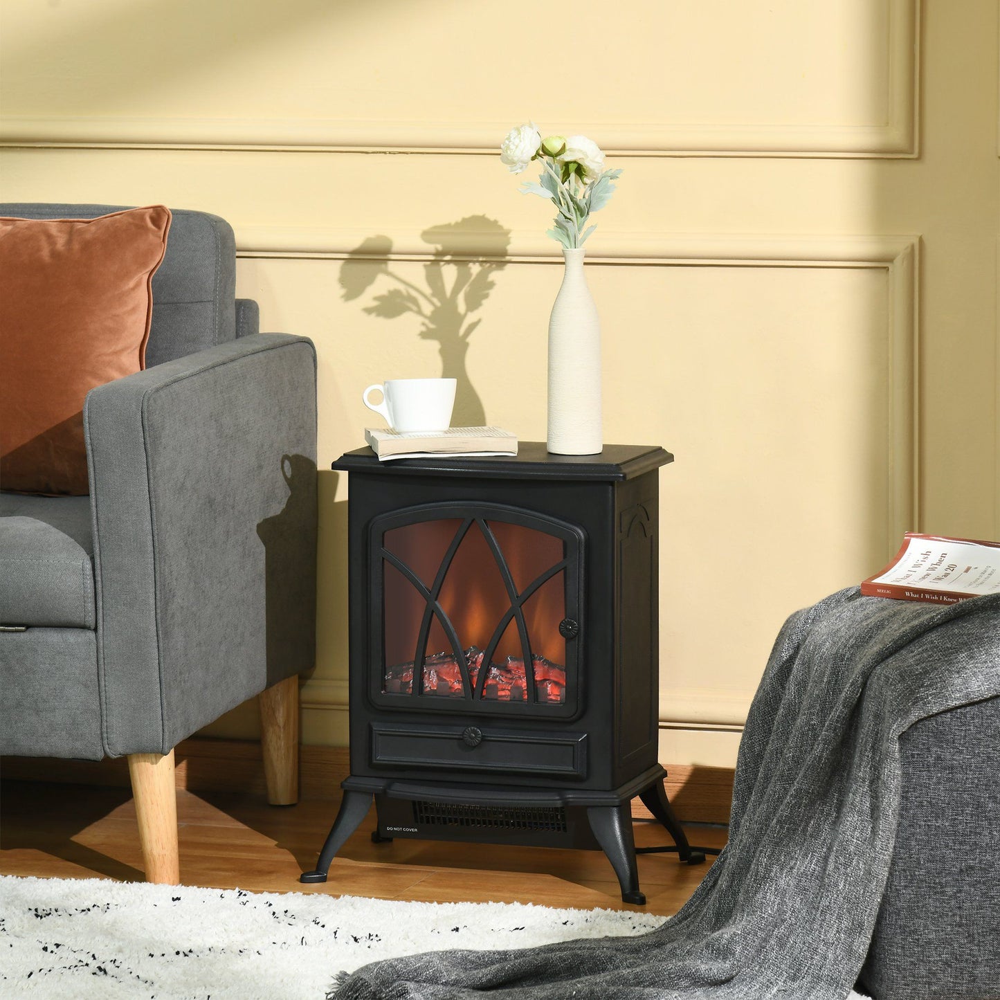 Free Stand Electric Fireplace Stove Heater with Adjustable LED Flame Effect and Front Door, 750W/1500W, Black