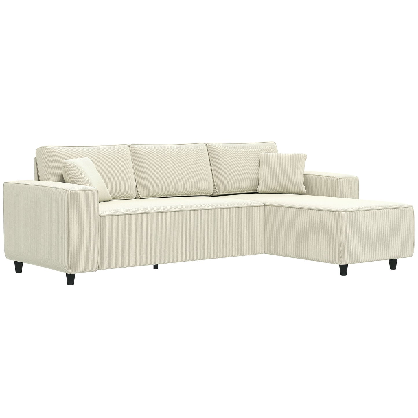 Corner Sofa with Changeable Chaise, Corduroy L-Shaped Sectional Sofa with Pocket Spring, 2 Pillows, Cream White