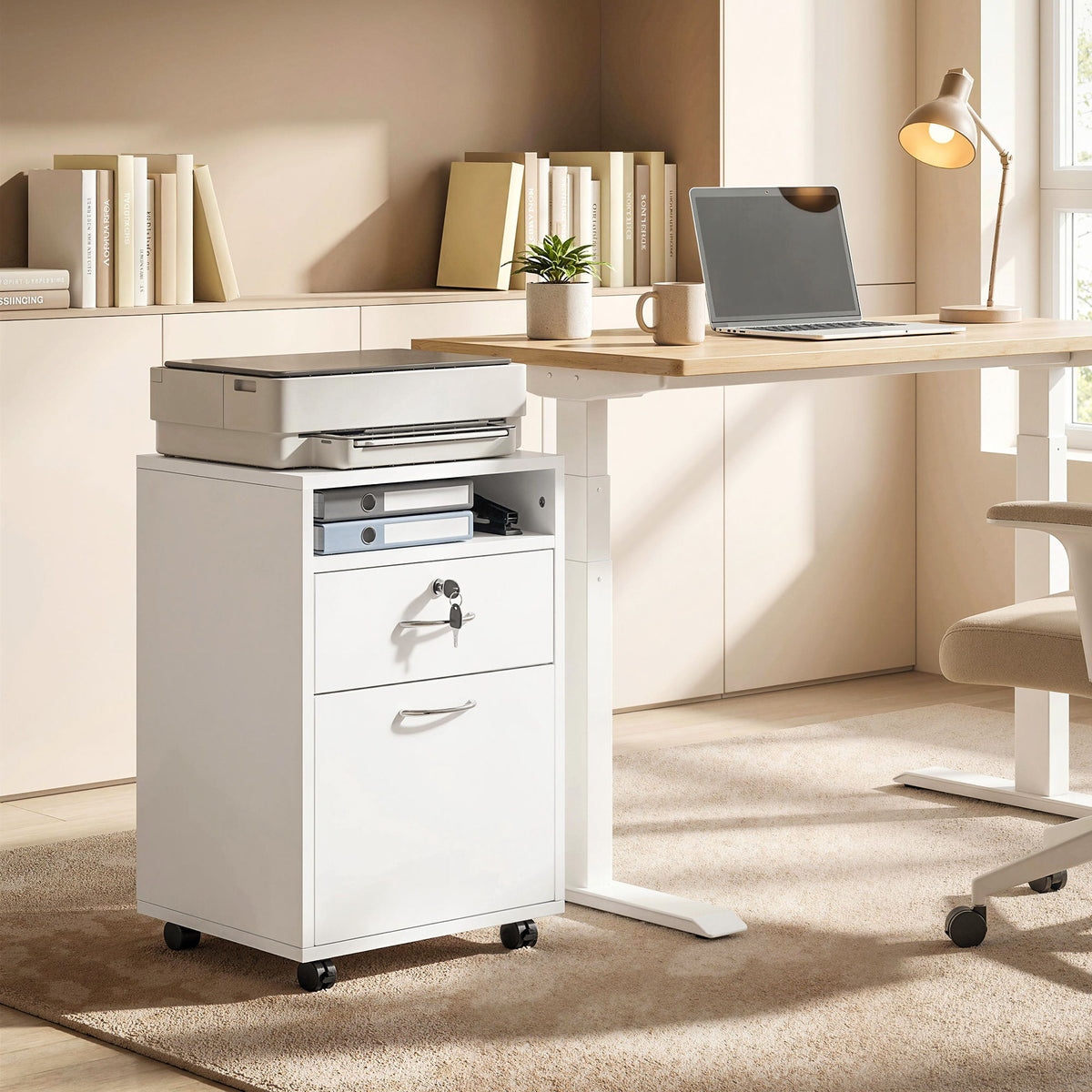 24" Vertical Filing Cabinet with Lockable Drawer, Mobile File Cabinet with 2 Keys, Wheels for Home Office, White
