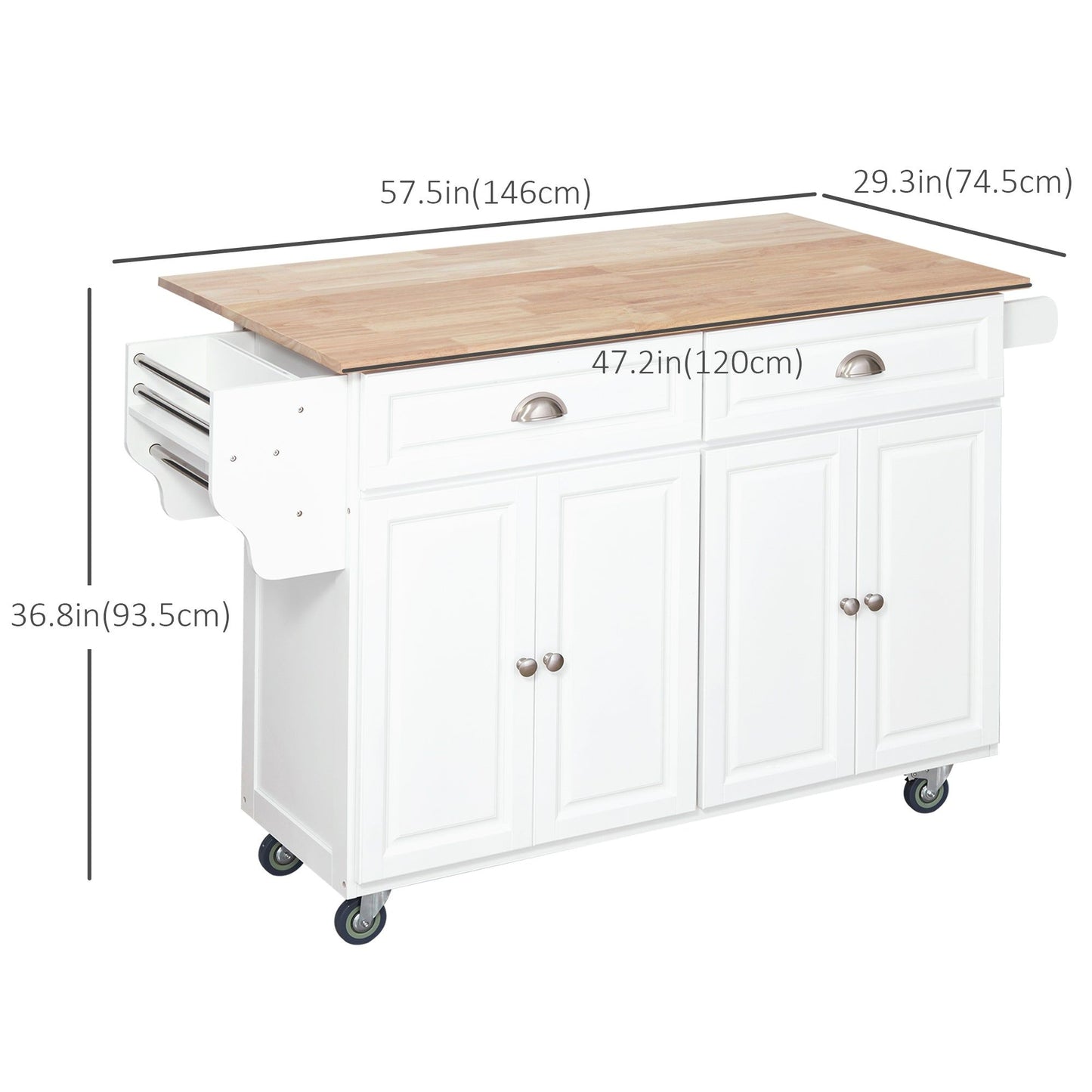 Rolling Kitchen Island with Drop Leaf Storage - White