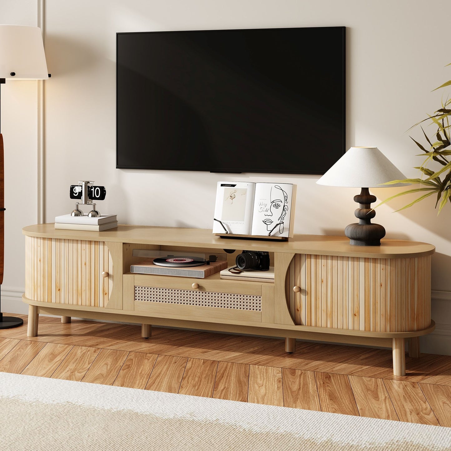 Rattan TV Stand with Solid Wood Doors and Drawers, Natural Country Style Storage Solution, Easy Installation, 65" L x 14.5" W x 18" H, Natural